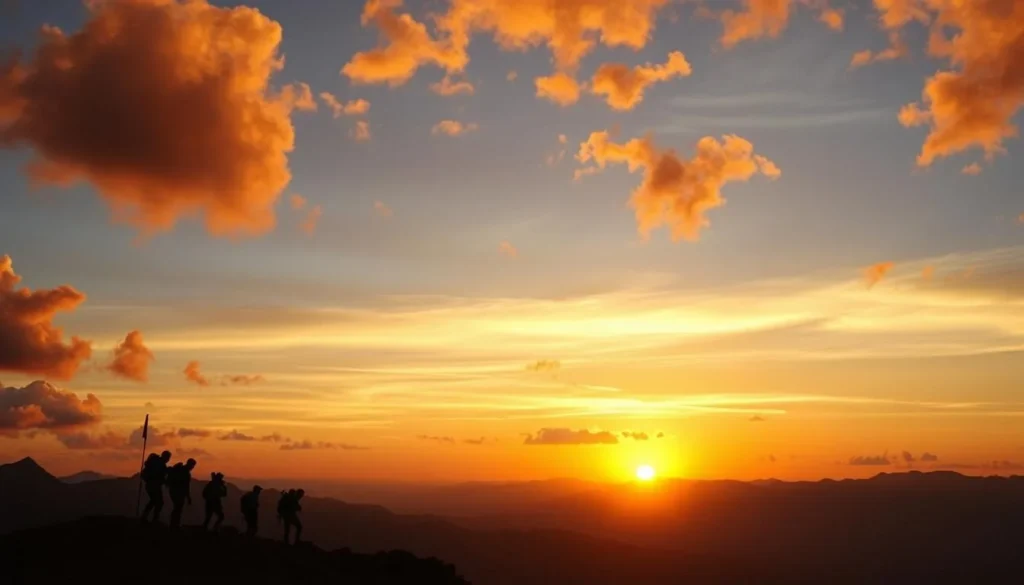 Sunset over the Lunana Range mountains with trekkers silhouetted against the golden sky