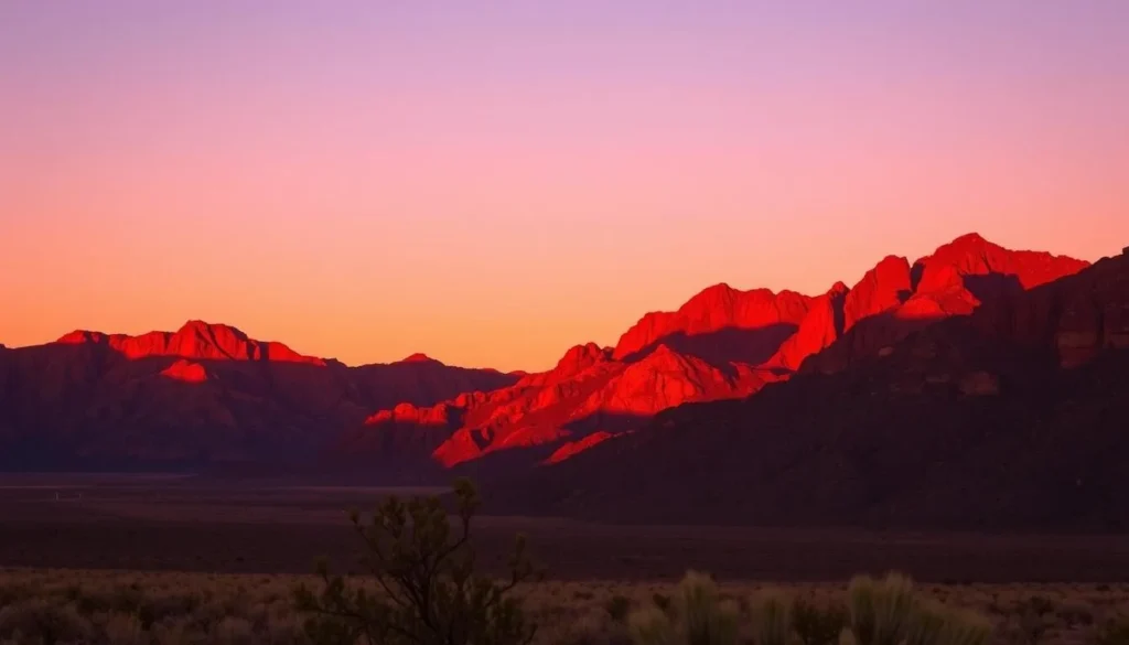 Sunset over the Macdonnell Ranges with vibrant orange and red colors illuminating the landscape