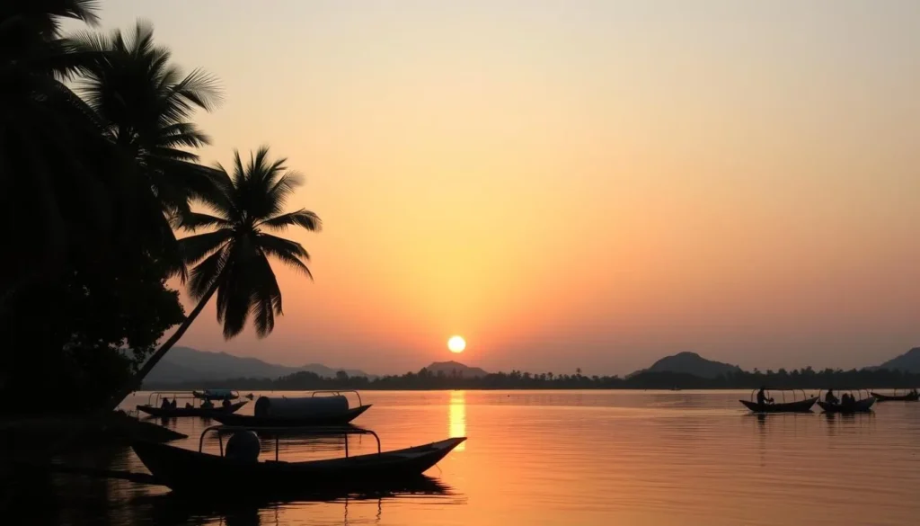 Sunset over the Mekong River at Si Phan Don (4000 Islands), with silhouettes of palm trees and wooden boats