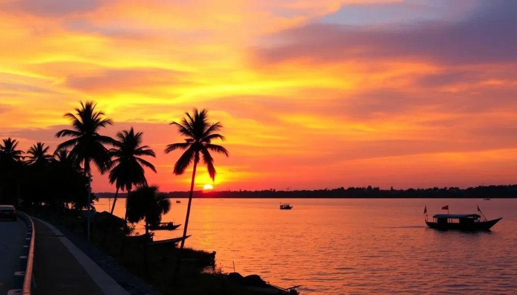 Sunset over the Mekong River from Savannakhet's riverfront with silhouettes of palm trees
