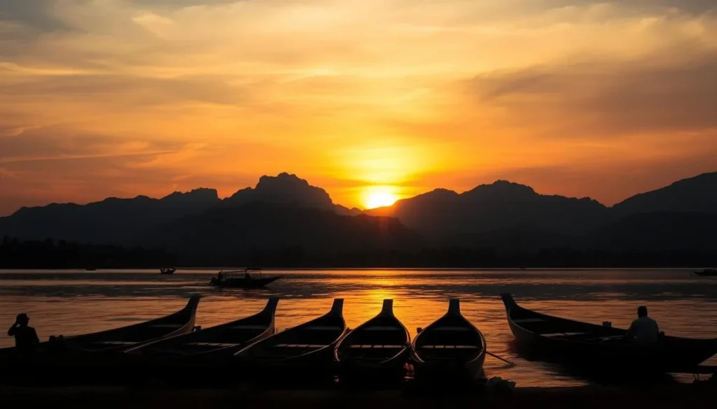 Sunset over the Mekong River with silhouettes of mountains from the Luang Prabang Range and traditional boats