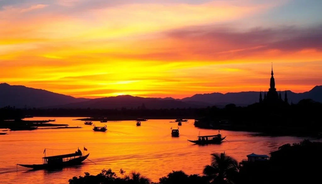 Sunset over the Mekong River with traditional boats and temples silhouetted against the sky, Luang Prabang, Laos