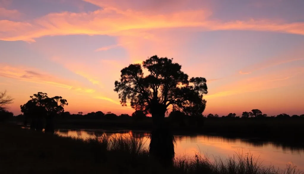 Sunset over the Neches River in Beaumont with silhouettes of cypress trees