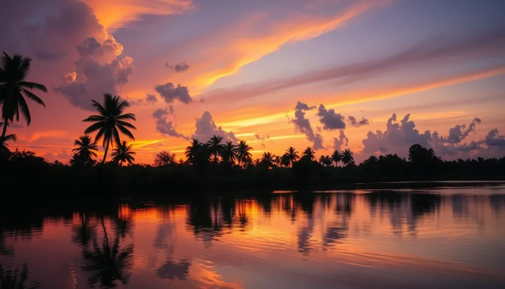 Sunset over the New River in Orange Walk, Belize, with silhouettes of palm trees and tropical vegetation Sunset over the New River in Orange Walk, Belize, with silhouettes of palm trees and tropical vegetation