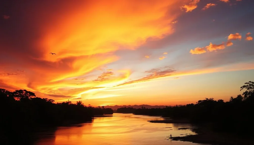 Sunset over the Patuca River with silhouettes of trees and distant mountains Sunset over the Patuca River with silhouettes of trees and distant mountains