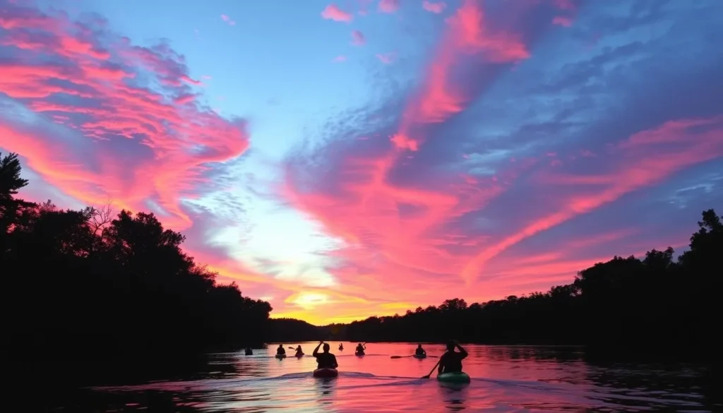 Sunset over the San Marcos River with people enjoying evening activities Sunset over the San Marcos River with people enjoying evening activities