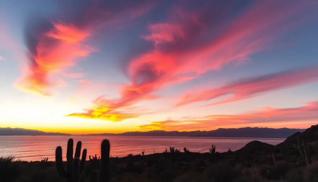 Sunset over the Sea of Cortez with silhouettes of cacti and mountains in Baja California Sur Sunset over the Sea of Cortez with silhouettes of cacti and mountains in Baja California Sur