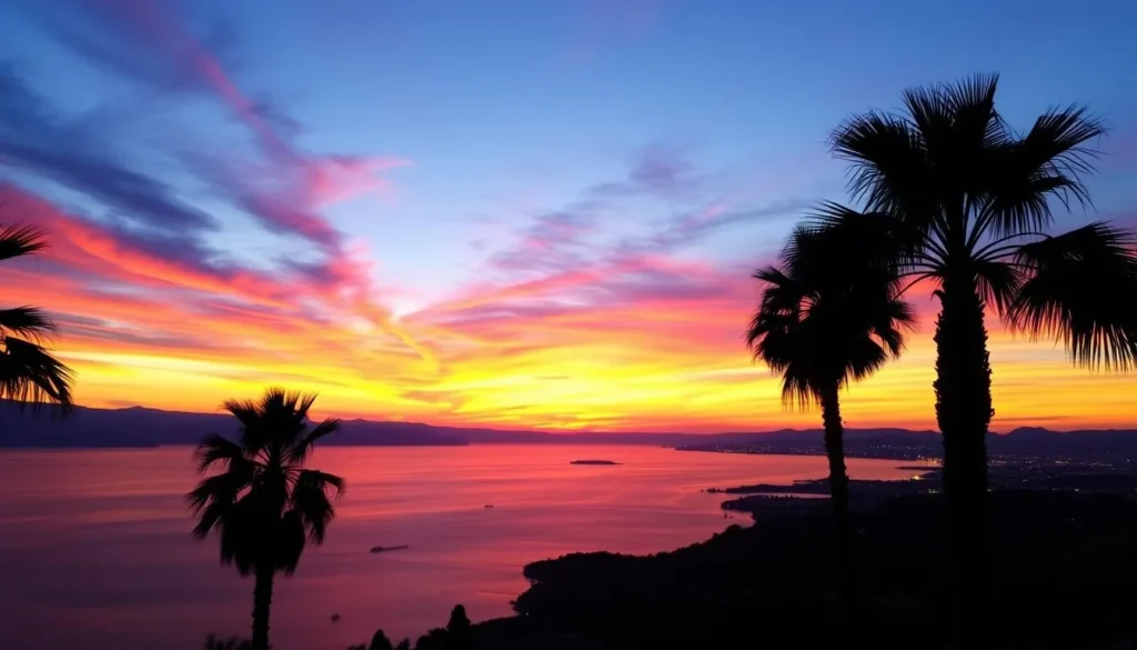 Sunset over the Sea of Galilee viewed from Tiberias with silhouettes of palm trees Sunset over the Sea of Galilee viewed from Tiberias with silhouettes of palm trees