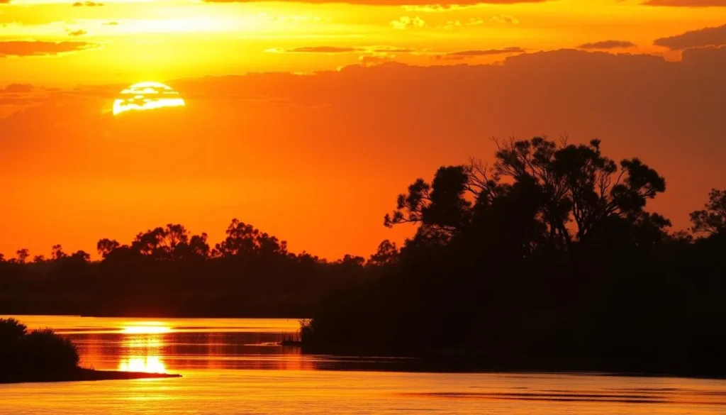 Sunset over the Warrego River in Cunnamulla with silhouetted gum trees Sunset over the Warrego River in Cunnamulla with silhouetted gum trees