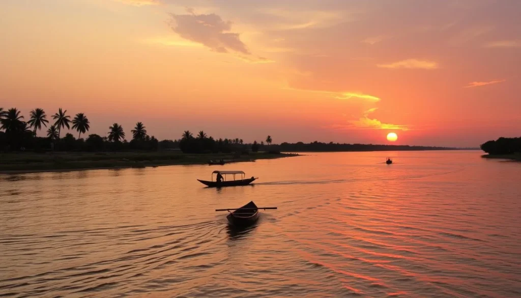 Sunset over the White Nile River in Juba, South Sudan with boats and riverside scenery