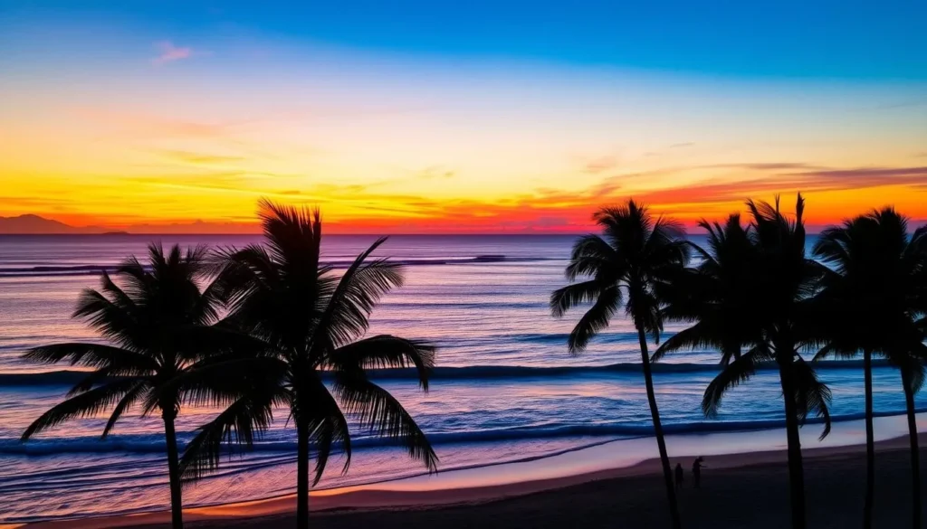Sunset over the beach in Playas Ecuador with silhouettes of palm trees Sunset over the beach in Playas Ecuador with silhouettes of palm trees