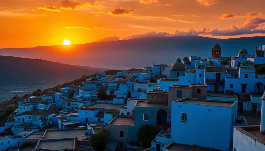Sunset over the blue cityscape of Chefchaouen Morocco with mountains in background