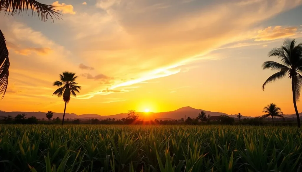 Sunset over the countryside of Cacocum, Cuba showing sugar cane fields and mountains