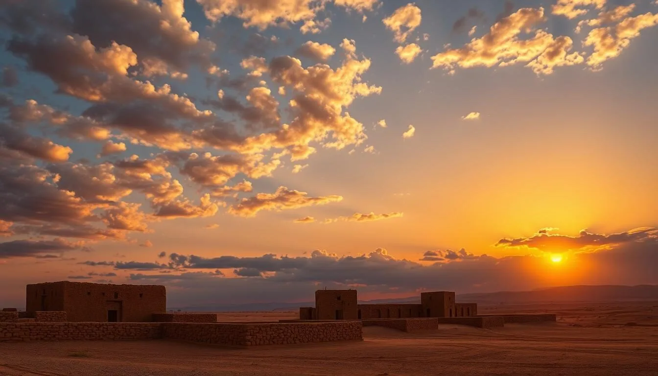 Sunset-over-the-desert-landscape-of-Tataouine-Tunisia-with-golden-light-illuminating-ancient- Sunset over the desert landscape of Tataouine, Tunisia, with golden light illuminating ancient ksour structures against a dramatic sky