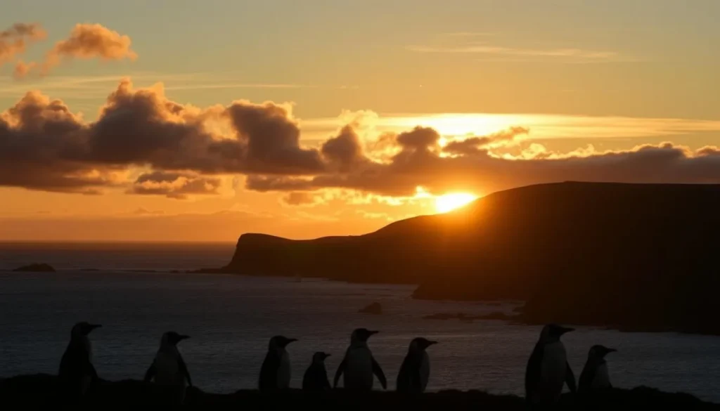 Sunset over the dramatic coastline of West Falkland Island with penguins in the foreground