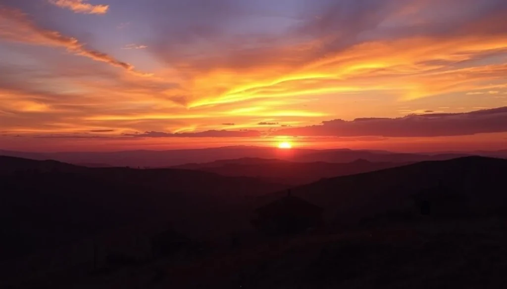 Sunset over the highlands near Imerintsiatosika, Madagascar with traditional houses silhouetted against the colorful sky