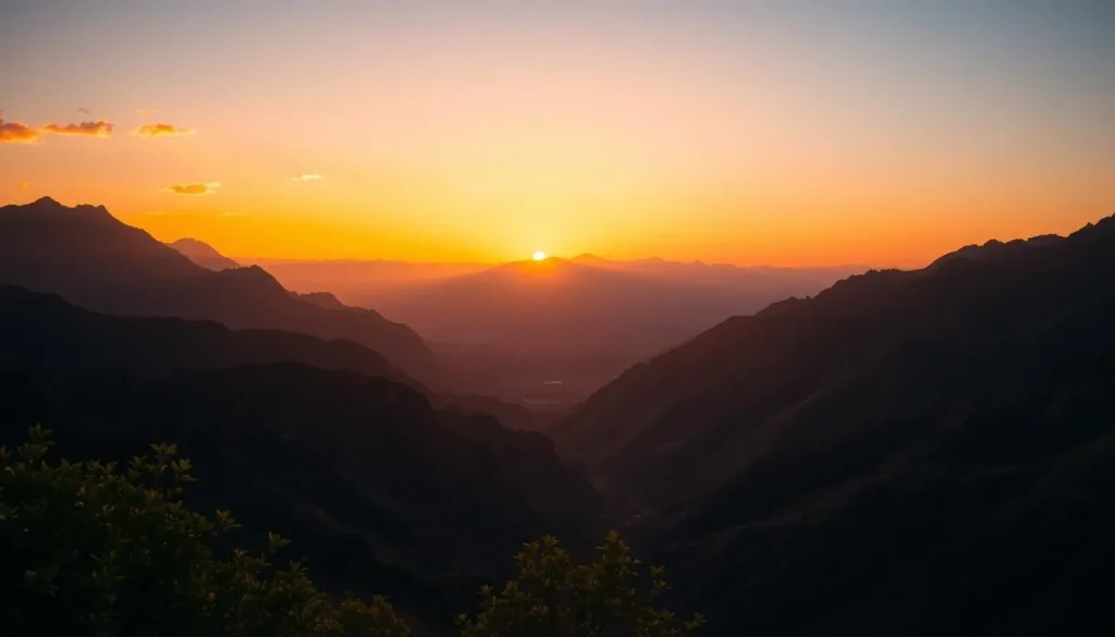 Sunset over the mountains of Aseer National Park with golden light illuminating the landscape Sunset over the mountains of Aseer National Park with golden light illuminating the landscape
