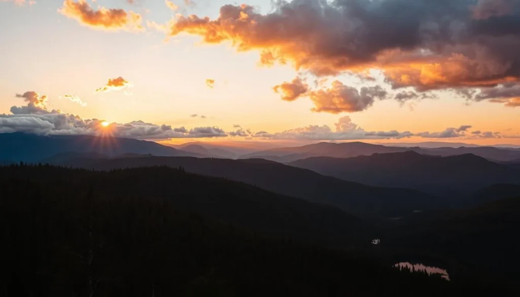 Sunset over the mountains of Bashkiriya National Park with golden light illuminating the landscape Sunset over the mountains of Bashkiriya National Park with golden light illuminating the landscape
