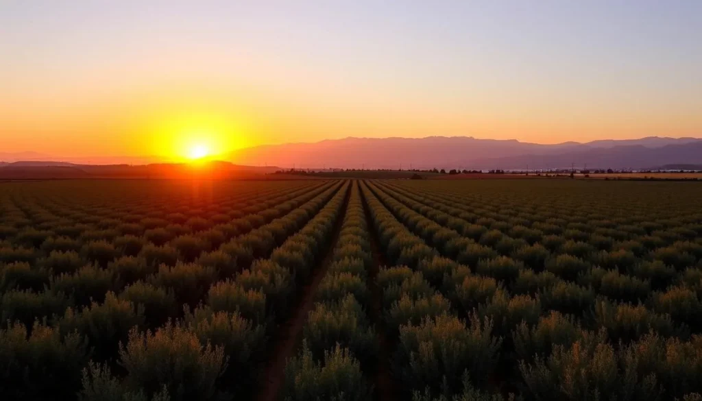 Sunset over the olive groves of El Kelaa des Sraghna with mountains in the background, Morocco