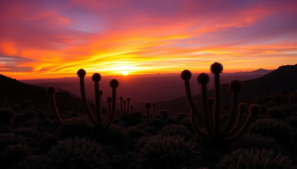 Sunset over the páramo landscape in Chingaza National Park with silhouettes of frailejones