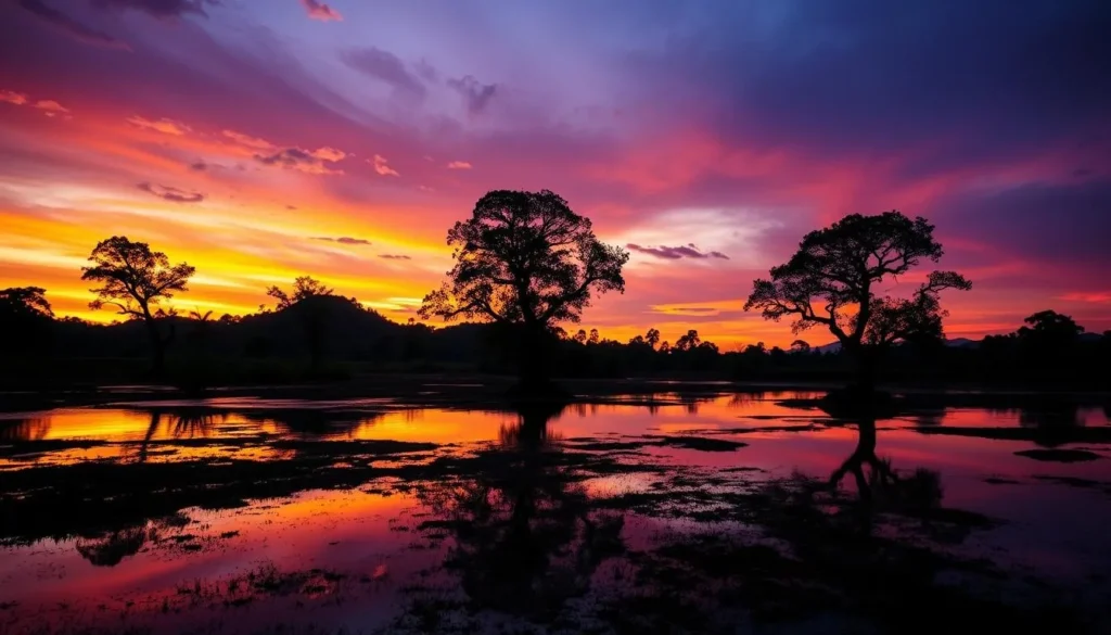Sunset over the rivers of Berbak National Park with silhouetted trees
