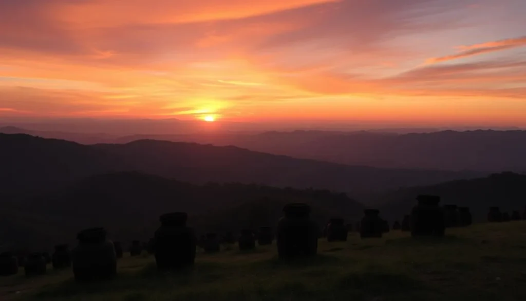 Sunset over the rolling hills of Phonsavan with jar silhouettes visible