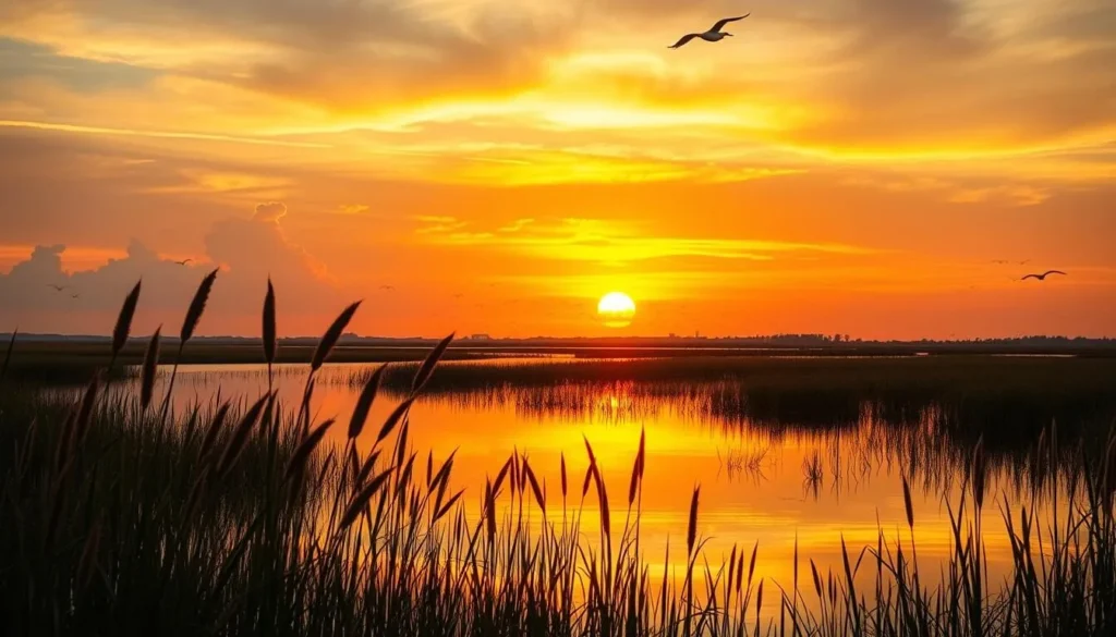 Sunset over the salt marshes of Johns Island with silhouettes of birds flying