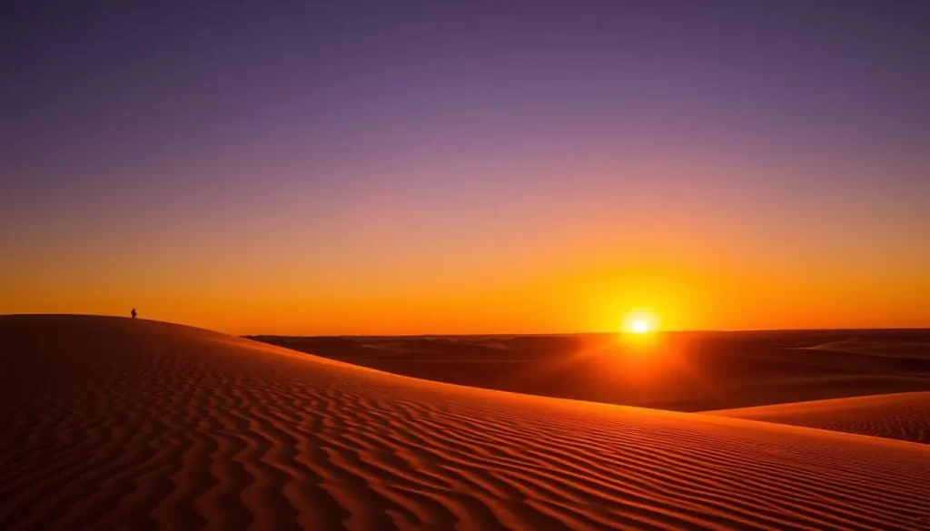 Sunset over the sand dunes at Monahans Sandhills State Park with golden light illuminating the landscape Sunset over the sand dunes at Monahans Sandhills State Park with golden light illuminating the landscape