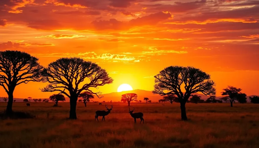 Sunset over the savanna landscape of Baluran National Park with silhouettes of acacia trees