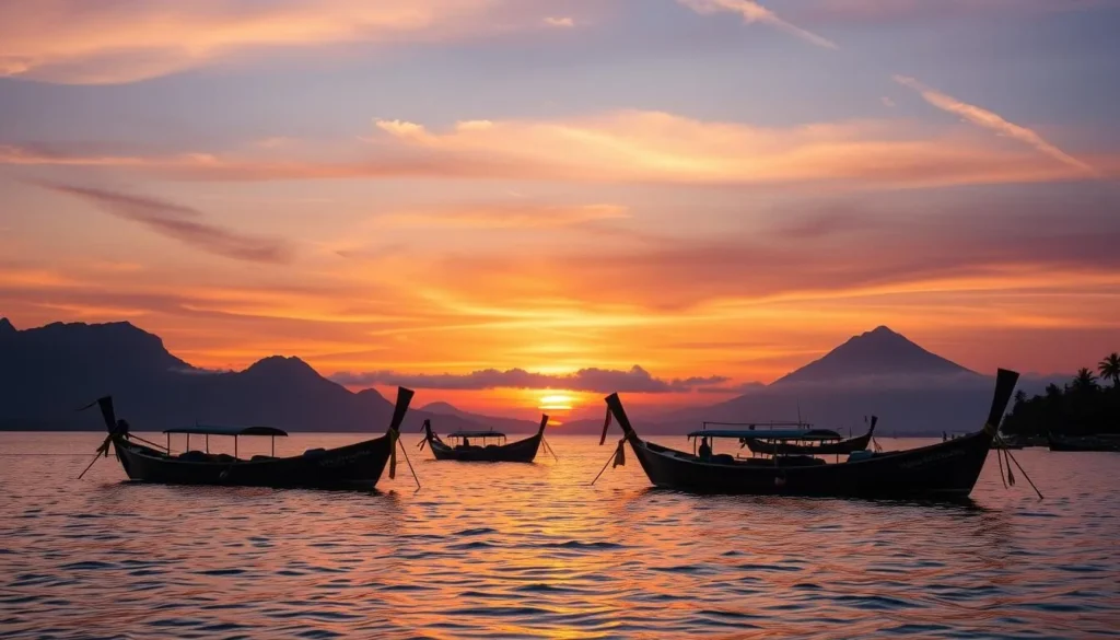 Sunset over traditional Indonesian boats with volcanic mountains in the background - Indonesia best things to do