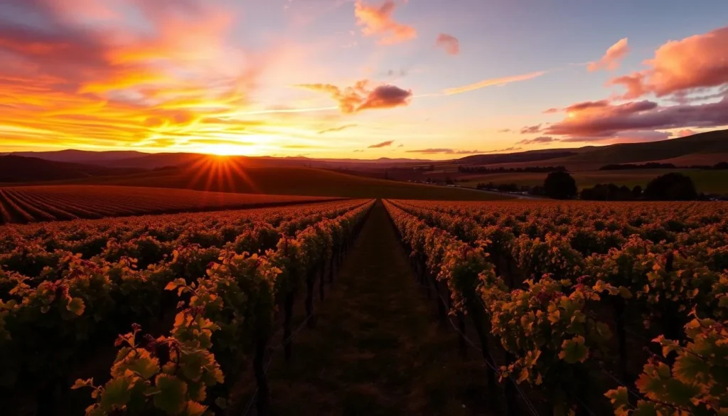 Sunset over vineyards in Hawke's Bay with golden light illuminating the landscape