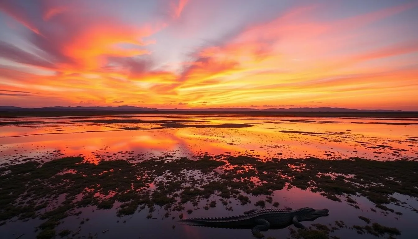 Sunset over wetlands at Lakefield National Park Queensland with crocodiles visible in water