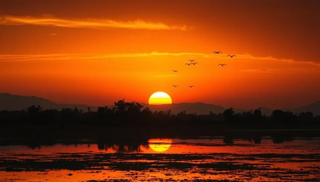Sunset over wetlands in Xe Pian National Protected Area showing silhouettes of trees and birds