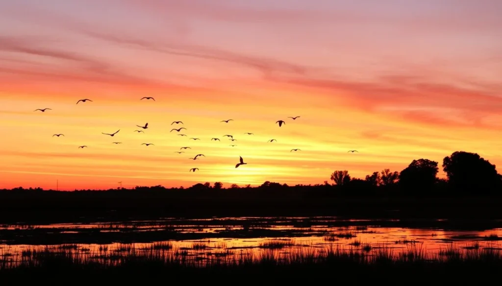 Sunset over wetlands with birds flying at Lakefield National Park Queensland