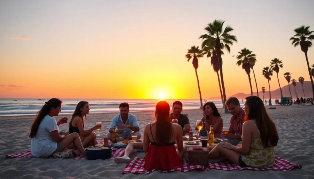 Sunset picnic scene at Refugio State Beach with families enjoying the evening