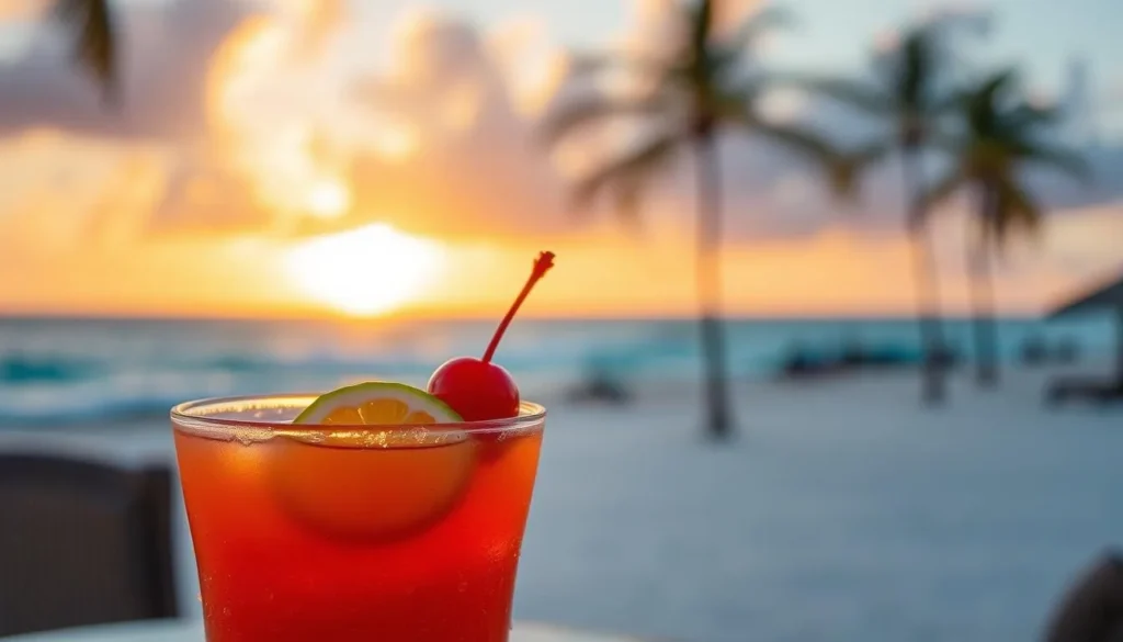 Sunset rum punch cocktail with beach view in Fitts Village Barbados