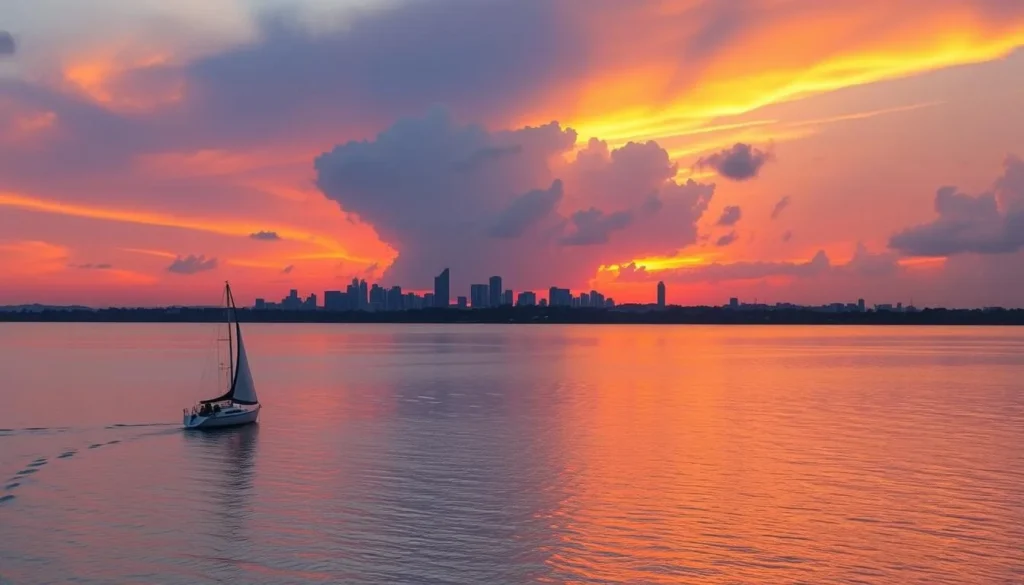 Sunset sailing tour on Guaíba Lake with Porto Alegre skyline in the background Sunset sailing tour on Guaíba Lake with Porto Alegre skyline in the background