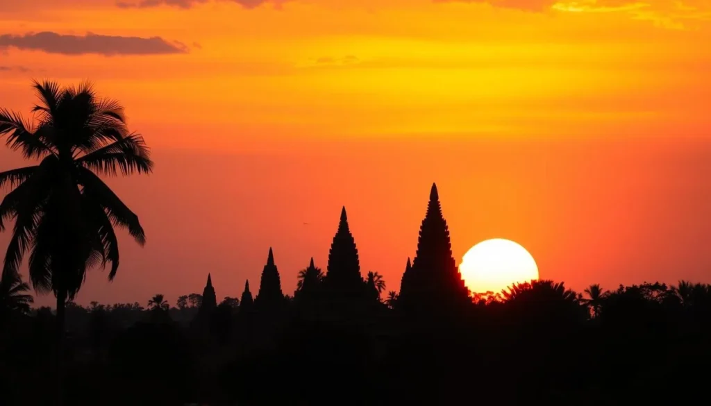 Sunset silhouette of Anuradhapura's ancient stupas with orange and purple sky