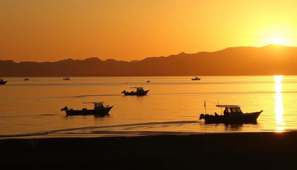 Sunset silhouette of Cabo Pulmo coastline with small fishing boats returning to shore