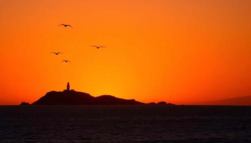 Sunset silhouette of Isla Todos Santos with birds flying overhead and calm ocean waters