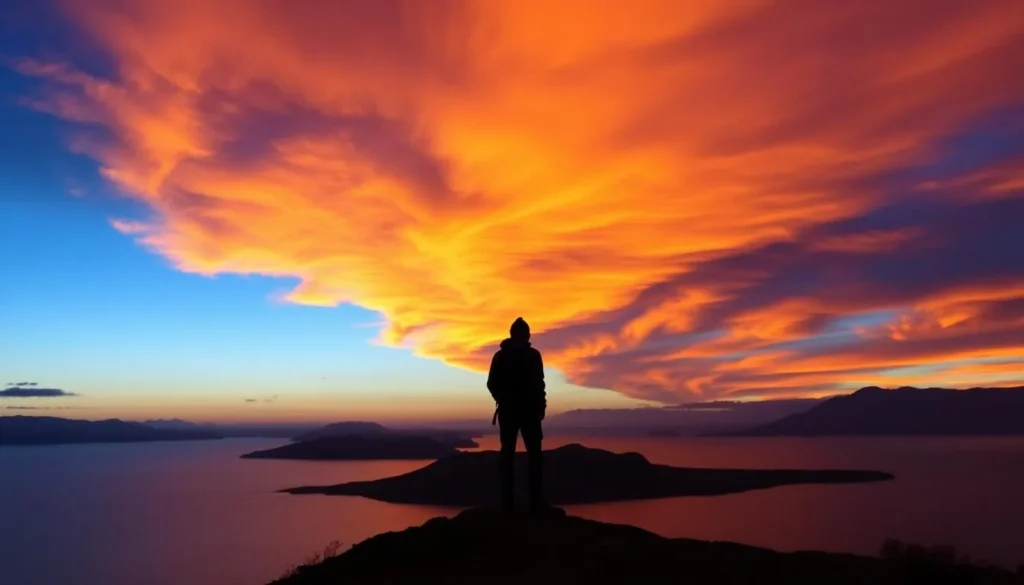 Sunset silhouette of Isla del Sol with a person watching from a viewpoint