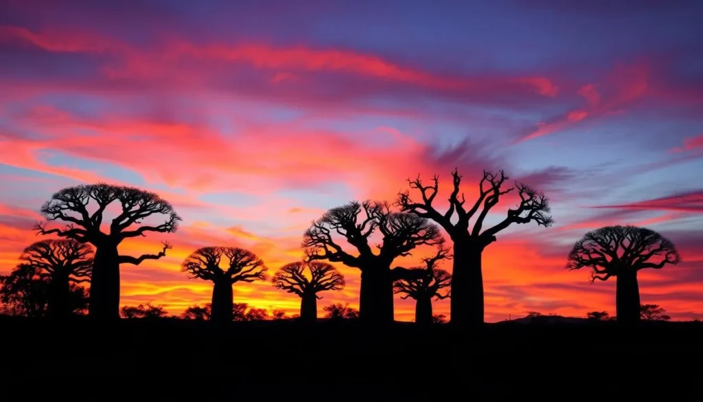Sunset silhouette of baobab trees in Mikea National Park with vibrant orange and purple sky