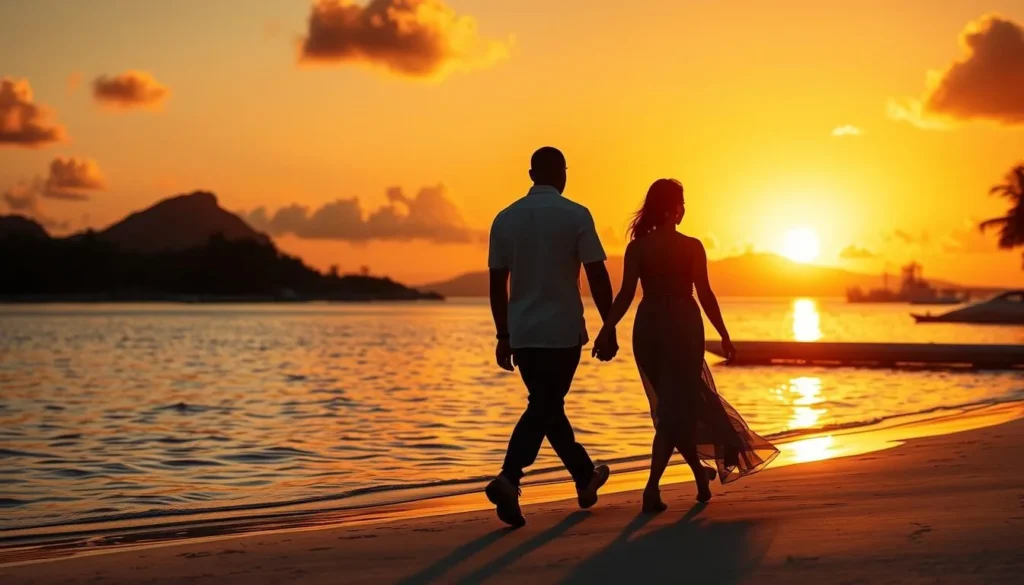 Sunset silhouette of couple walking along Rendezvous Bay beach