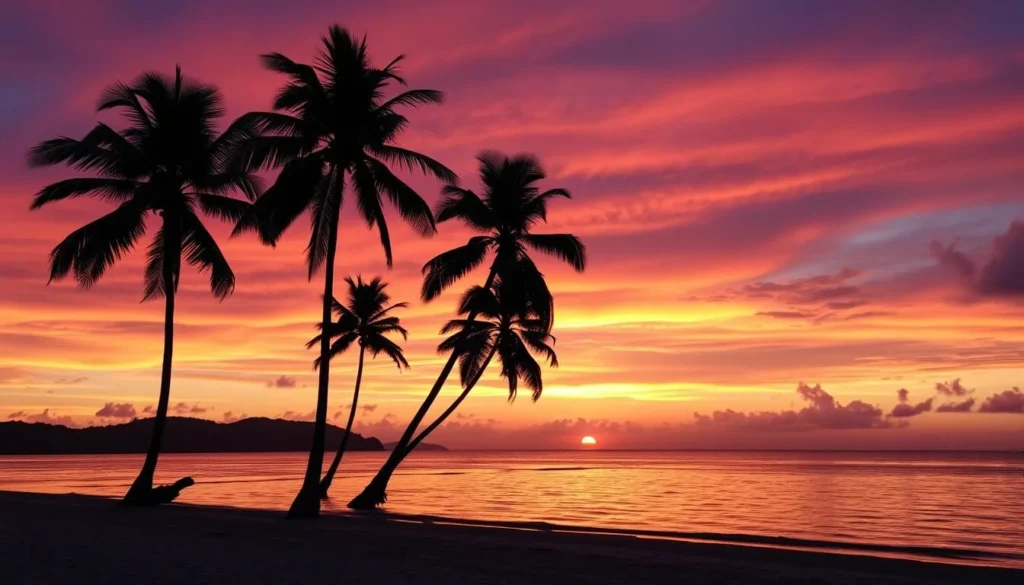 Sunset silhouette of palm trees against colorful sky at a beach in Karimunjawa National Park