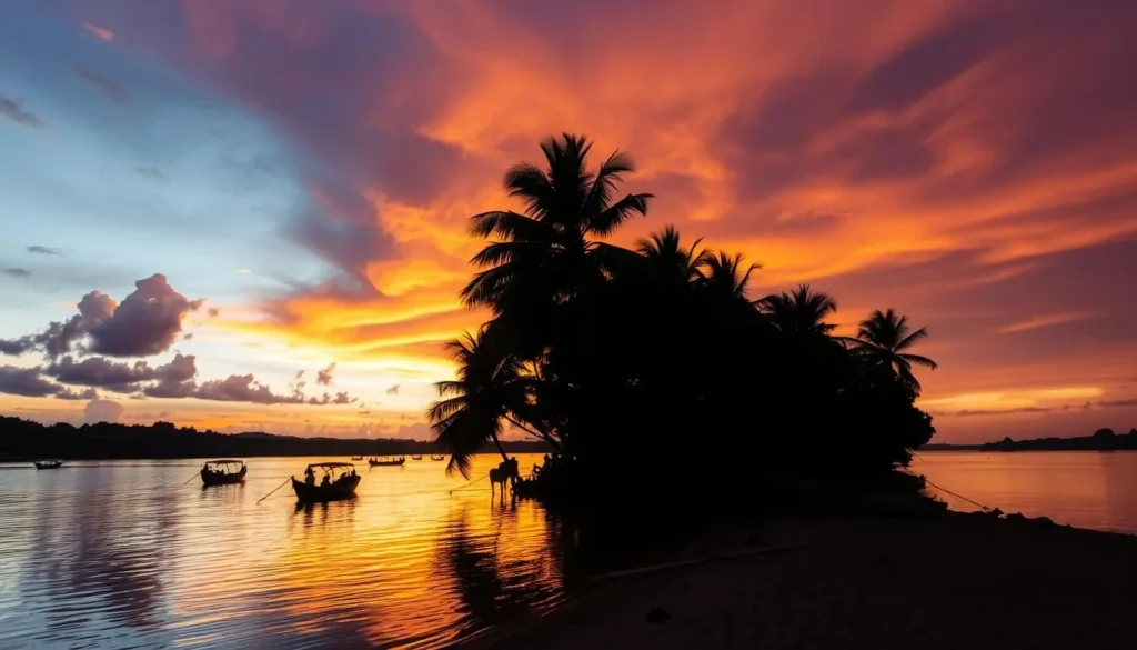 Sunset silhouette of palm trees along the shore of Alter do Chao with boats on the Tapajós River Sunset silhouette of palm trees along the shore of Alter do Chao with boats on the Tapajós River