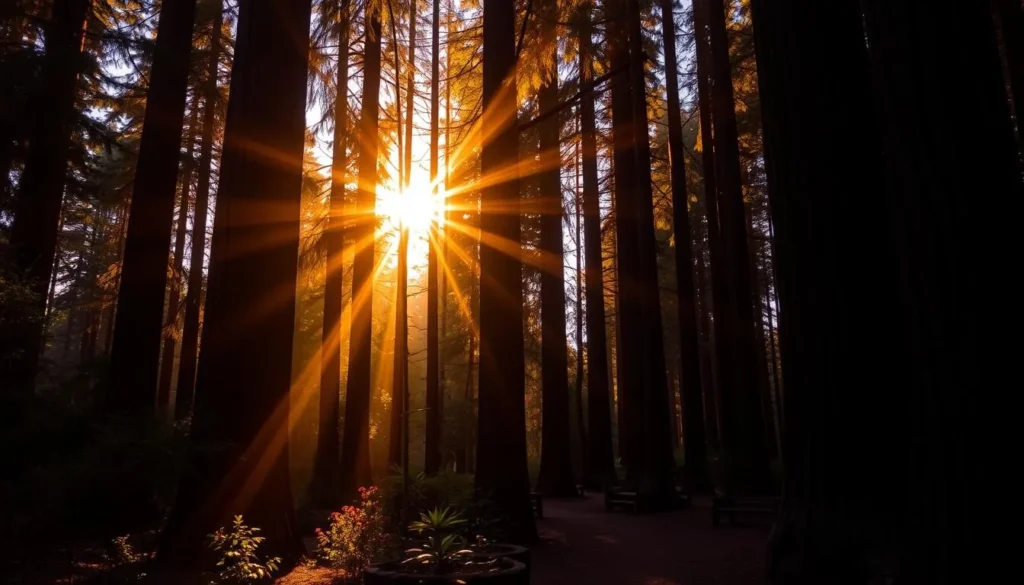 Sunset through redwood trees at Kruse Rhododendron State Natural Reserve