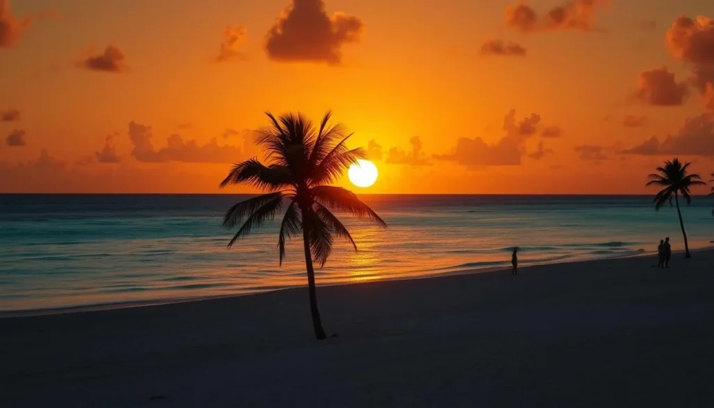 Sunset view at Arashi Beach, Aruba with golden light reflecting on calm waters