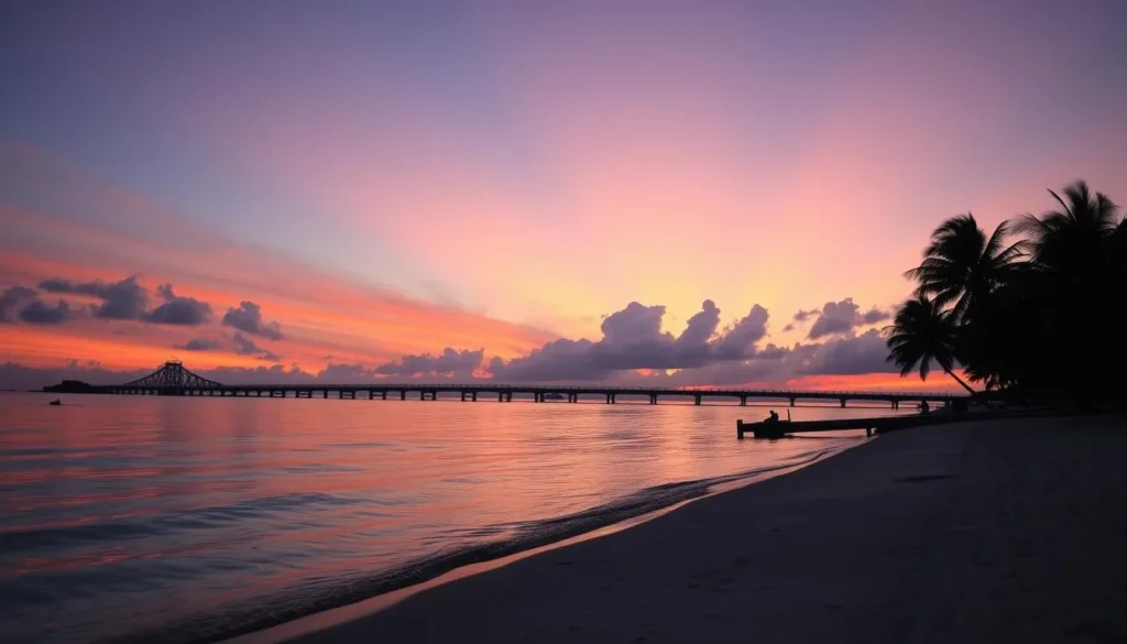 Sunset view at Bahia Honda State Park with palm trees silhouetted against an orange and purple sky Sunset view at Bahia Honda State Park with palm trees silhouetted against an orange and purple sky