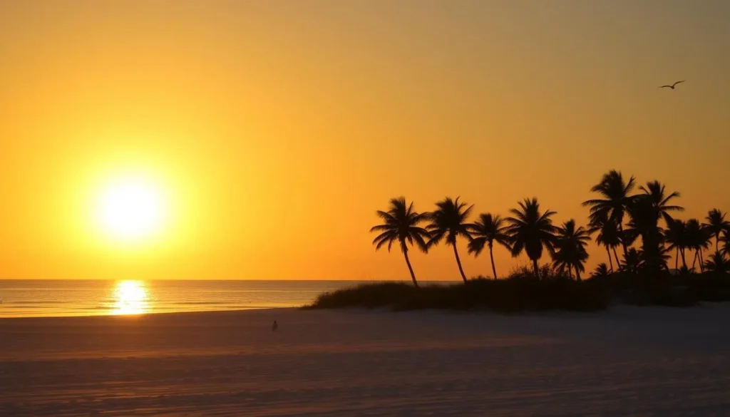 Sunset view at Don Pedro Island State Park beach with golden light reflecting on calm waters