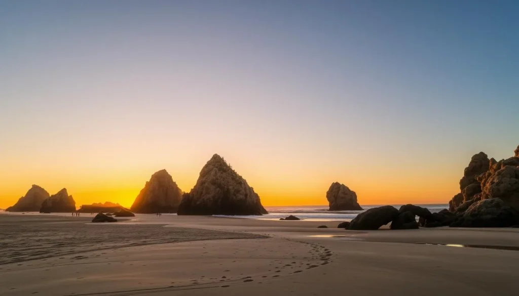 Sunset view at El Matador Beach with golden light illuminating the rock formations